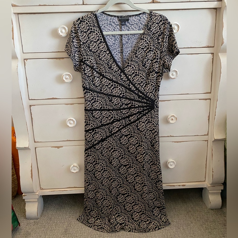Connected Apparel Black and Cream Patterned Midi Dress